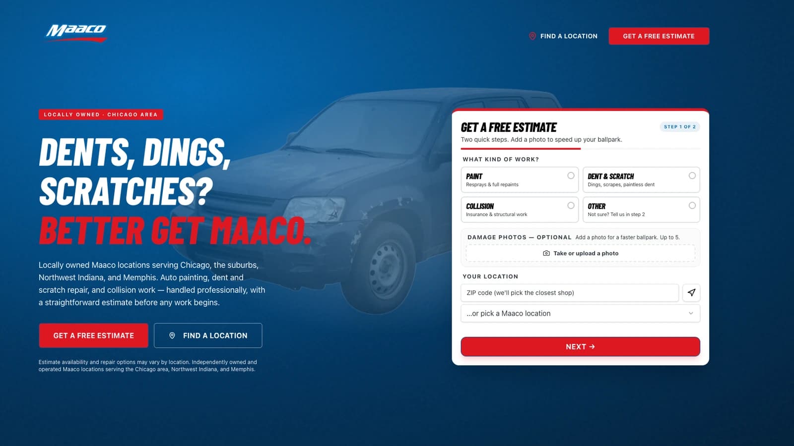 Maaco Chicago website hero with the Get a Free Estimate form.