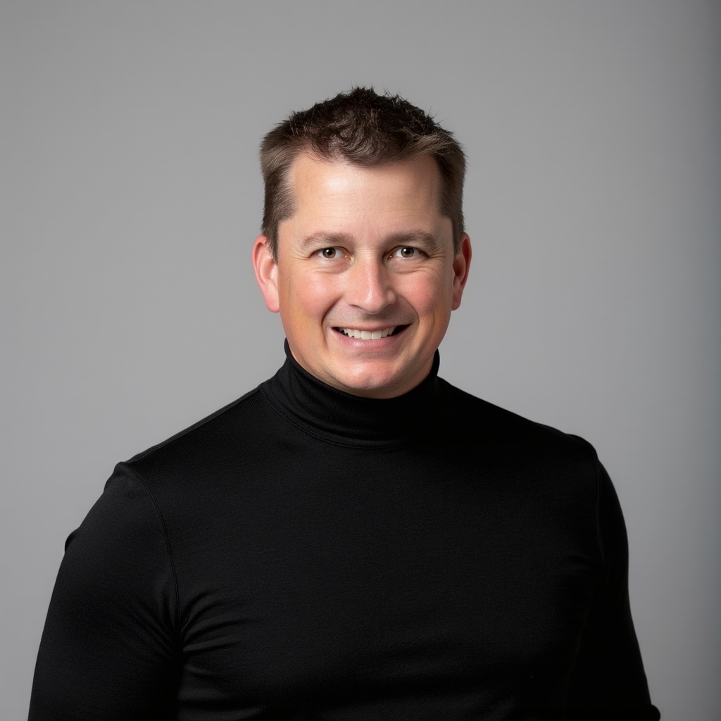 Ryan Weckerly, a man with short brown hair, wearing a black turtleneck, smiling against a gray background.